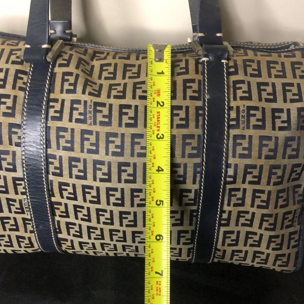 FENDI Zucca Navy Blue Leather Canvas Boston Duffle Travel Bag Speedy 30 EUC